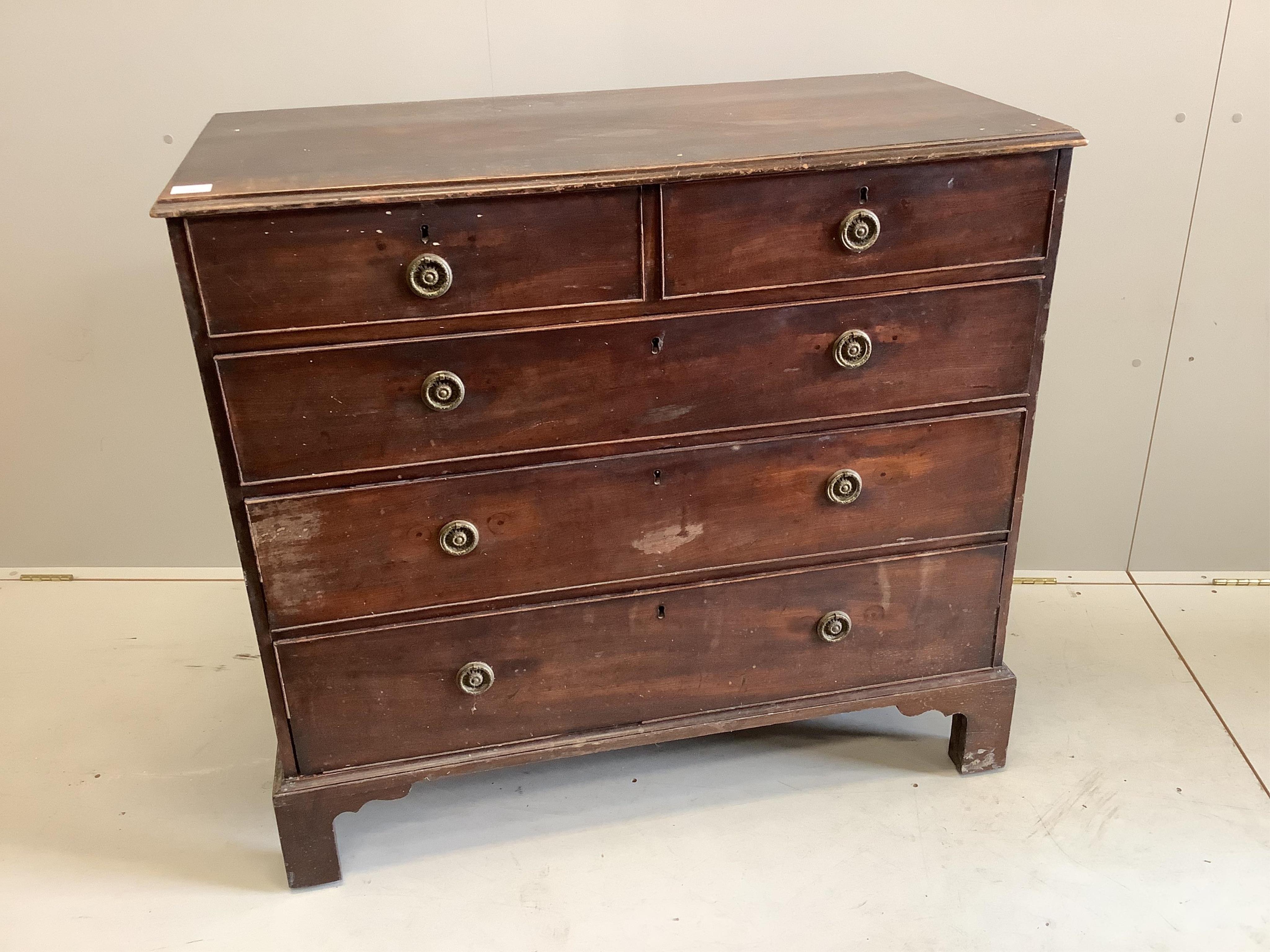 A George III mahogany five drawer chest, width 107cm, depth 51cm, height 98cm. Condition - poor